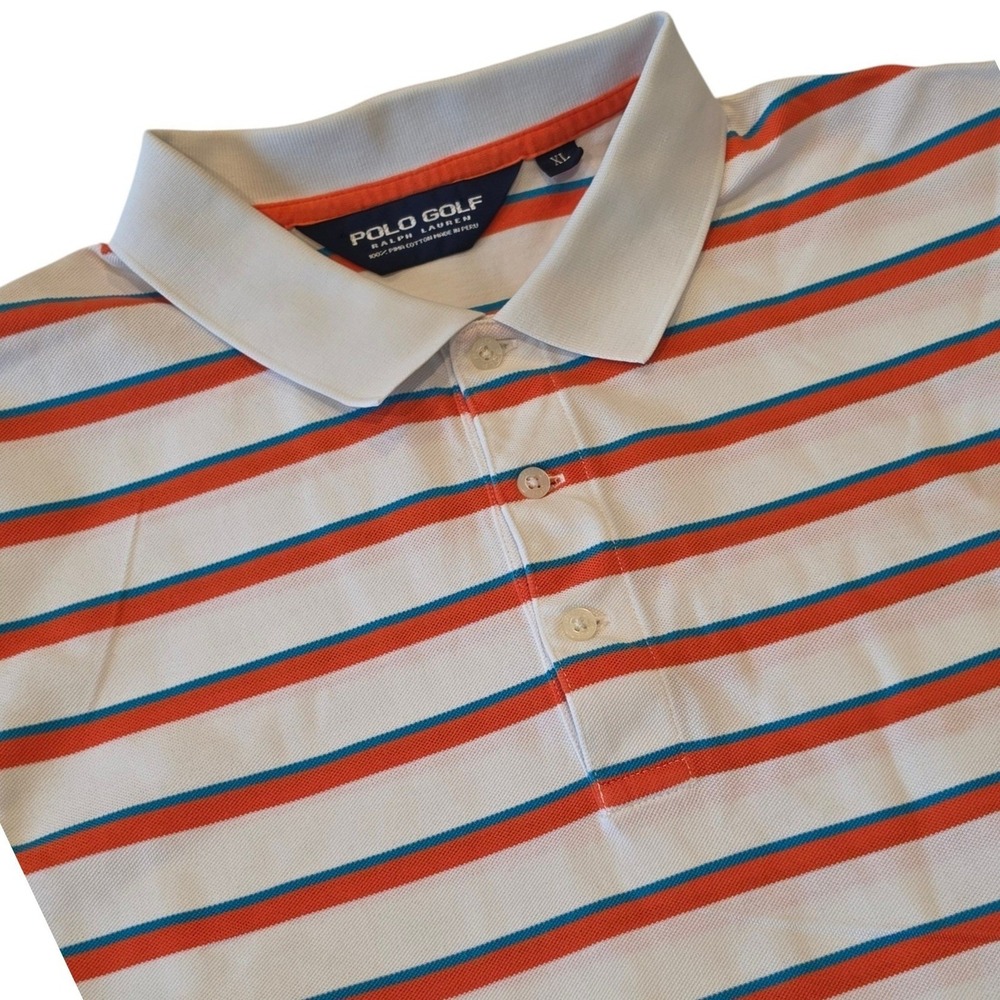 Polo Golf Ralph Lauren Mens Polo Shirt White Orange Pima Cotton Striped XL